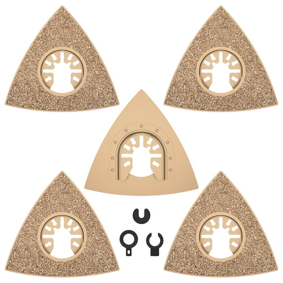Ikoopy 5Pcs Carbide Oscillating Sanding Pad Universal Triangular Carbide Grit Rasp Blades with 3 Adapters for Removal Concrete Masonry Grout