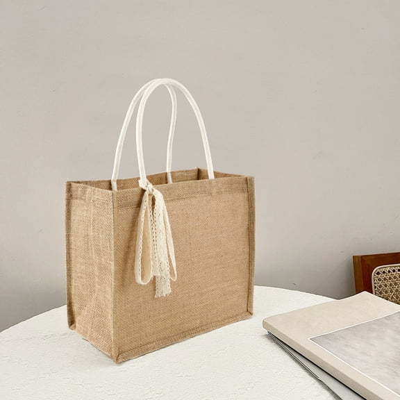 Ikoopy 5Pcs Jute Tote Bag Reusable Burlap Shopping Bag with Ribbon and Handle Multipurpose Grocery Shopper for Shopping DIY Beach Travel