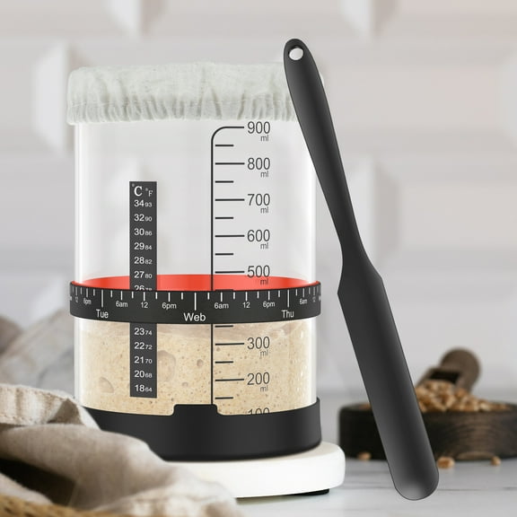 Ikoopy 5Pcs Sourdough Starter Jar Kit 1000ml Large Capacity Sourdough Starter Container with Silicone Lid Spatula Feeding Band Reusable Wide Mouth Glass Sourdough Fermentation Jar for Baking