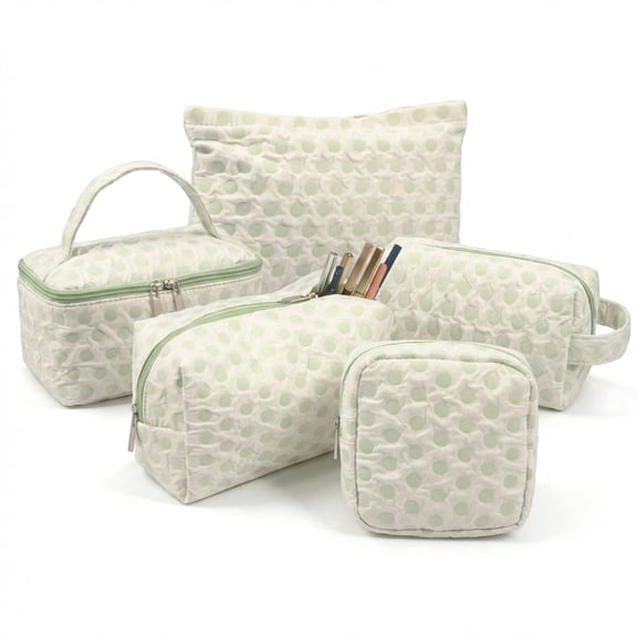 NUAHRHY 5pcs Large Travel Quilted Makeup Bag Set Floral Cotton Cosmetic Travel Bag Coquette Aesthetic Toiletry Organizer Bag Skincare Brush Storage Organizer for Women (Green)
