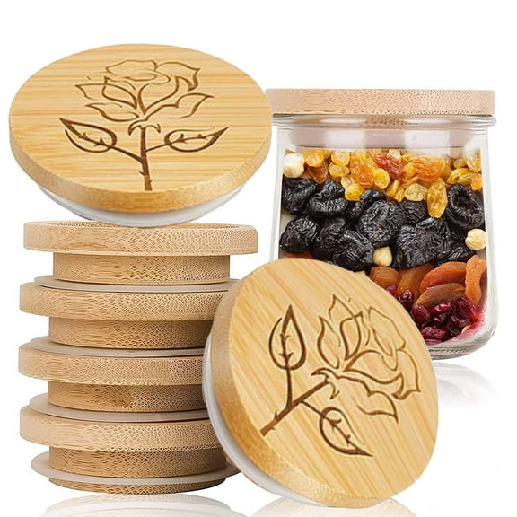 Ikoopy 6 Pack Yogurt Jar Lids with Silicone Sealing Rings Rose Pattern Reusable 68mm Bamboo Oui Lids BPA Free Wide Mouth Storage Lids Leak Proof Wood Yogurt Jar Lids for Perfect Sealing Jar