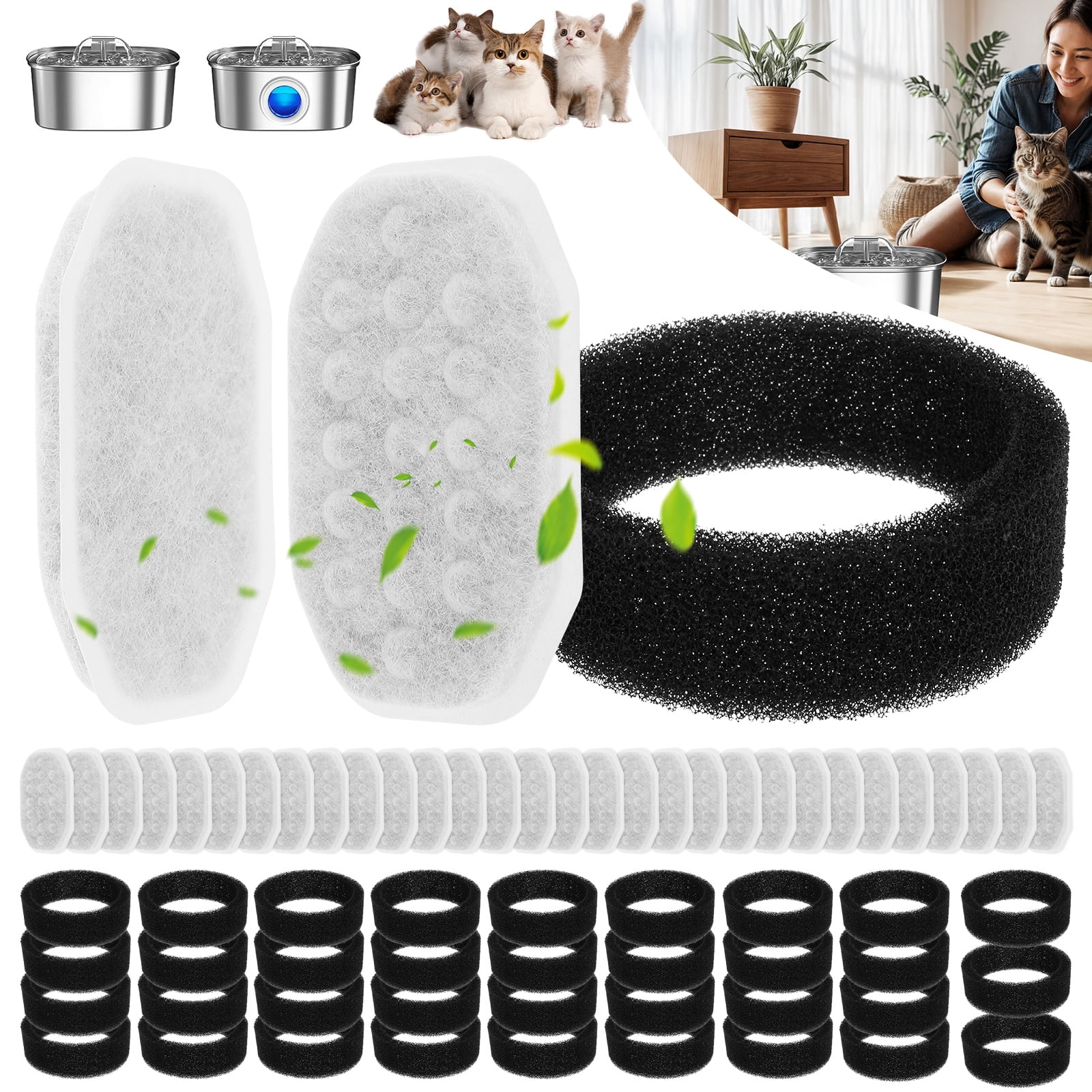 Ikoopy 64 Pack Cat Fountain Replacement Filter for Stainless Steel 108oz/3.2L Adjustable Water Flow Pet Water Fountain (32 Filter and 32 Sponge)