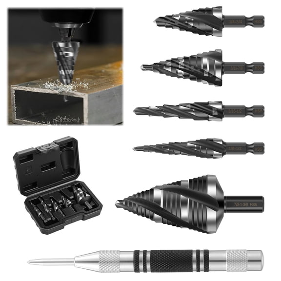 Ikoopy 6Pcs Four Spiral Flute Step Drill Bit Set with Center Punch 1/8"-1-3/8" HSS Step Drill Bit with 1/4" and 3/8" Hex Shank for Stainless Steel Carbon Steel Copper Aluminum