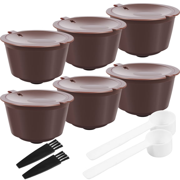 Ikoopy 6Pcs Refillable Coffee Capsules Food Grade PP Reusable Coffee Pods Coffee Filter Cups with 2 Spoon and 2 Brush Multipurpose Coffee Capsule Kit for Some Coffee Machines Home Office 5.4x3.5cm