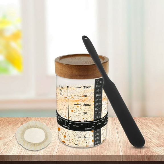 Ikoopy 6Pcs Sourdough Starter Jar Kit 1000ml Heat Resistant Sourdough Starter Container with Wooden Lid Reusable Wide Mouth Glass Sourdough Fermentation Jar for Sourdough Bread Baking