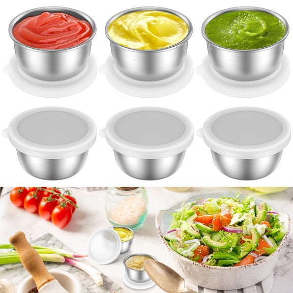 Ikoopy 6Pcs Stainless Steel Dressing Cup with Lid 1.4 oz Mini Sauce Container Small Condiment Container Metal Dipping Sauce Cup Dishwasher Safe for Salt Pepper Seasoning Spice