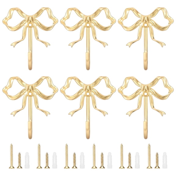 Ikoopy 6Pcs Zinc Alloy Large Size Gold Bow Wall Hook Firm Installation Gold Bow Wall Hanger Stable Load Bearing for Bedroom Bathroom