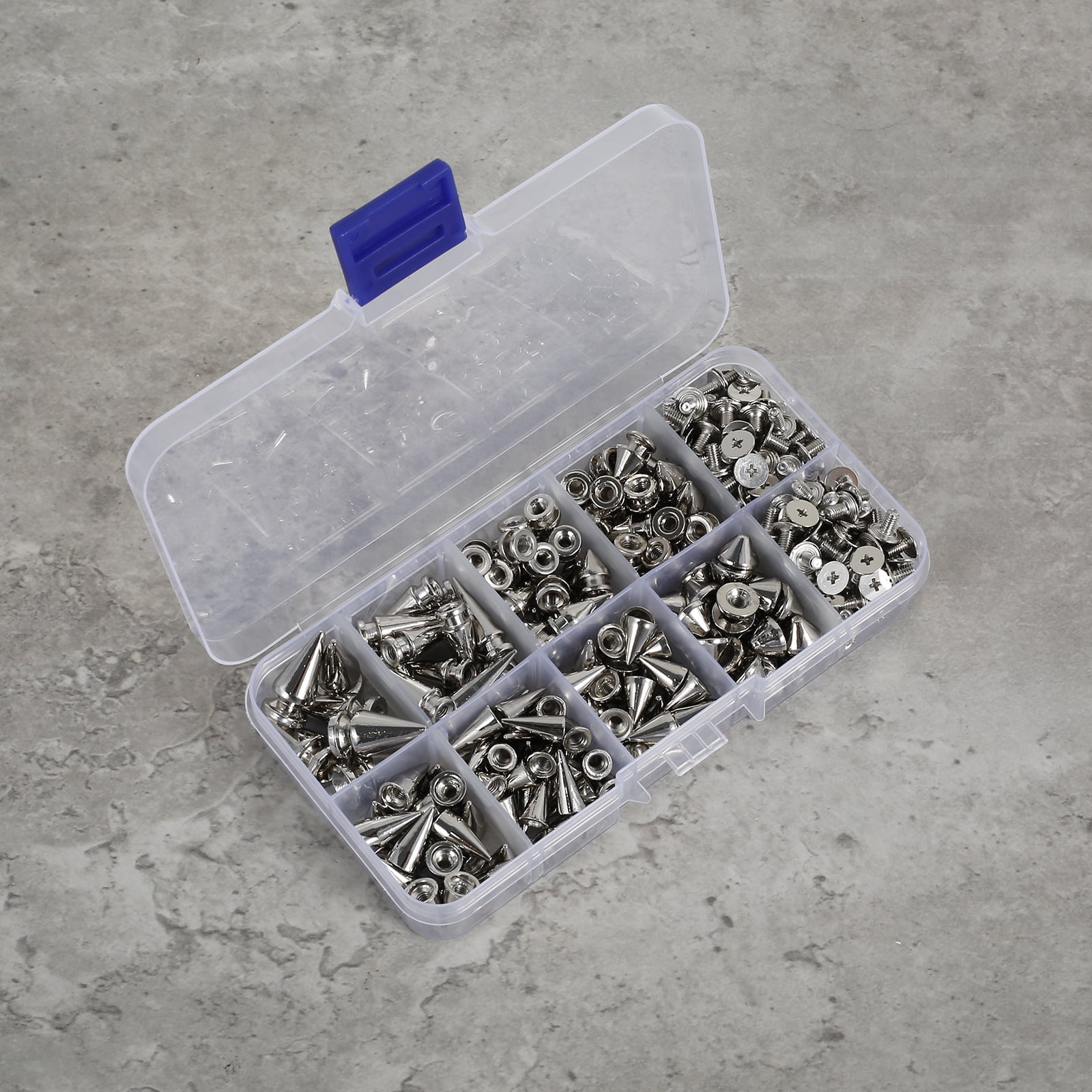 Ikoopy 718Pcs Punk Spikes and Studs Kit Zinc Alloy Silver Cone Spike and Stud Rivet Kit 8 Size Metal Leather Tree Spike Assortment Tool for Clothing Jacket Shoes Wallet