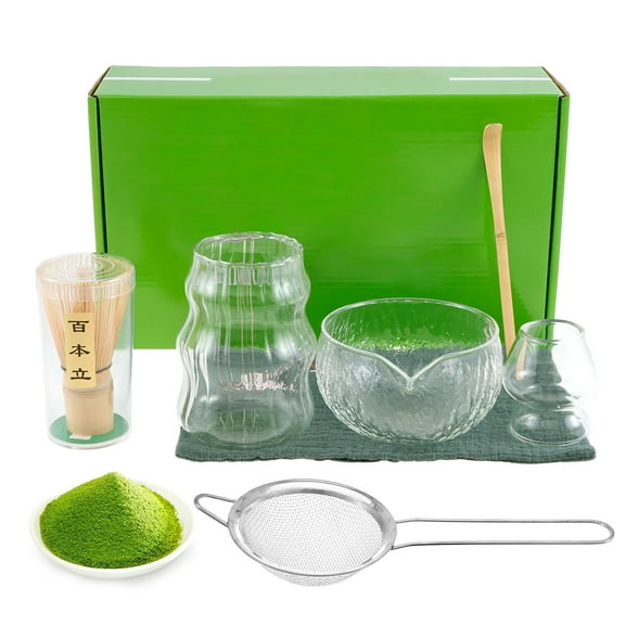 Ikoopy 7Pcs Matcha Whisk Set Clear Glass Japanese Matcha Tea Set Matcha Making Kit with Matcha Bowl Matcha Cup Matcha Whisk Matcha Whisk Holder Matcha Sifter Tea Scoop Tea Cloth for Tea Lovers