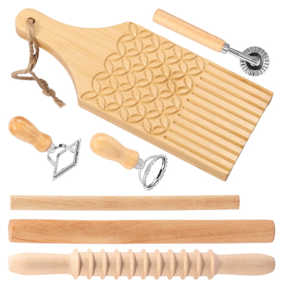 Ikoopy 7Pcs Pasta Making Tools Set Includes Spiral Rolling Pin Wooden Rolling Stick Gnocchi Board Ravioli Stamp Practical DIY Pasta Making Kit for Home Kitchen Cooking