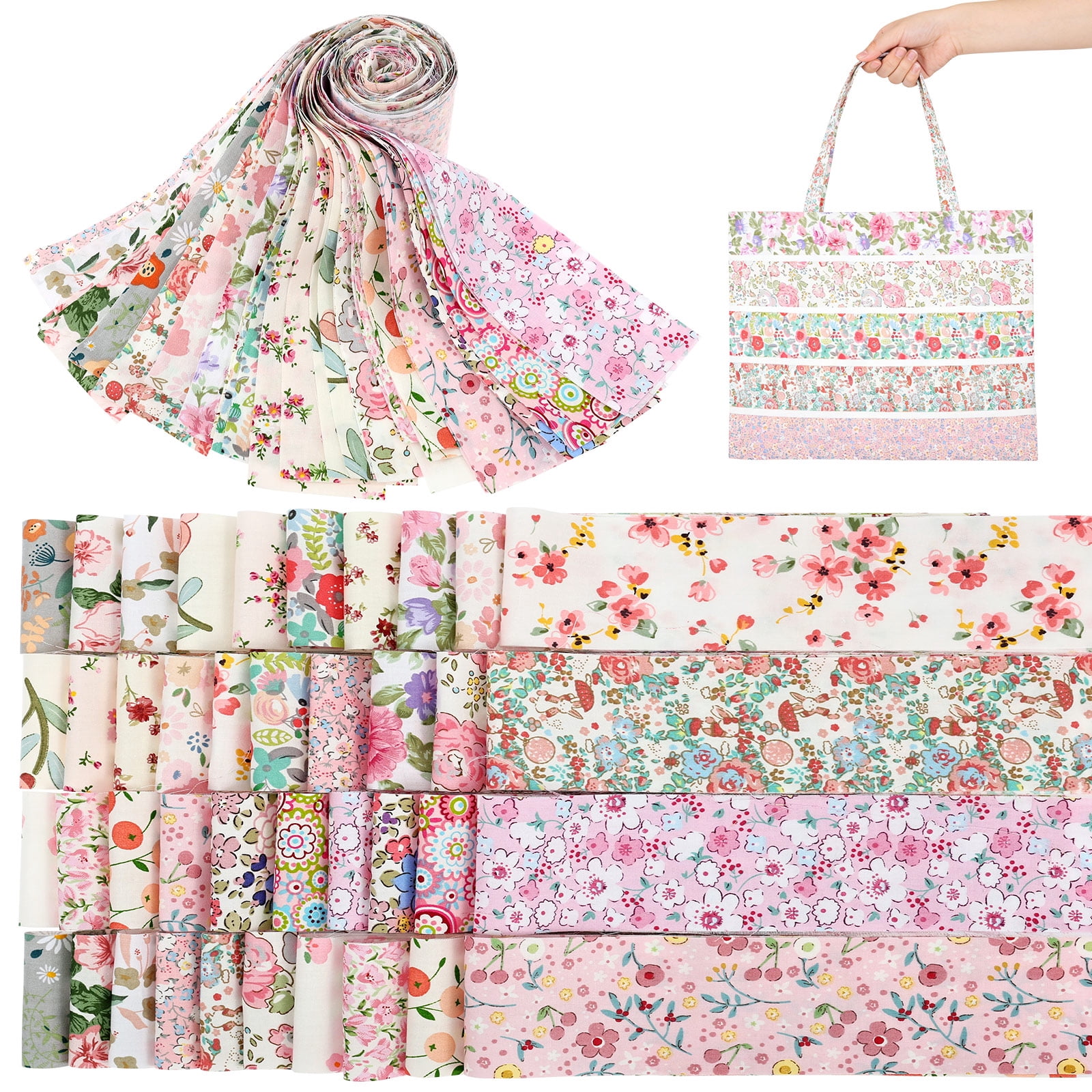 Ikoopy 80/100Pcs Jelly Roll Fabric Strip Set Cotton Floral Print Pre Cut Quilting Strip Quilting and Sewing Patchwork Roll for DIY Craft Blanket Rug