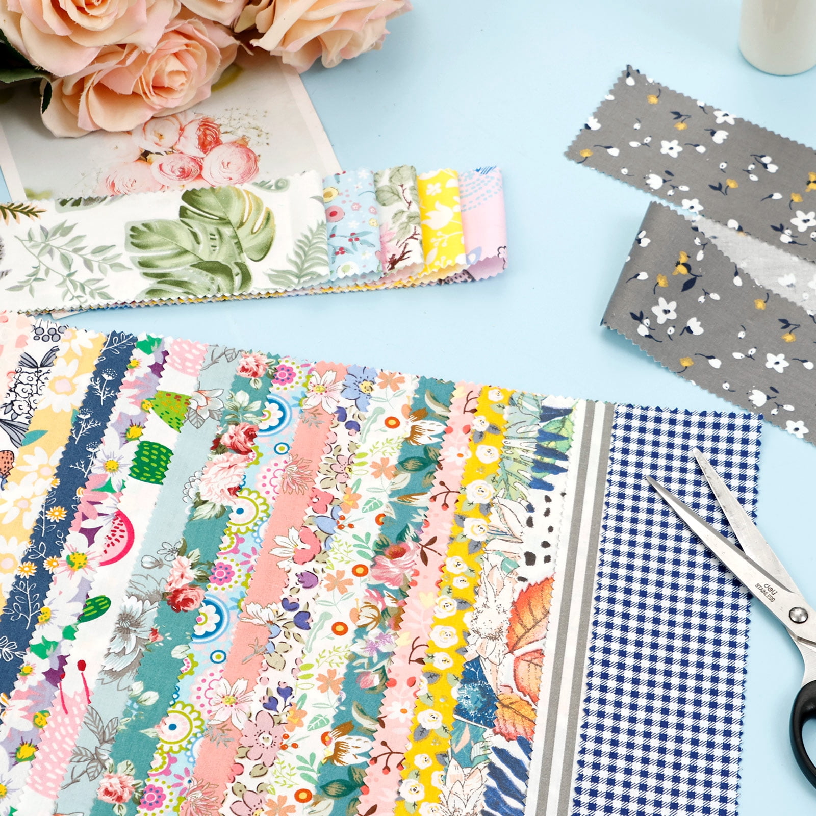 Ikoopy 80/100Pcs Jelly Roll Fabric Strip Set Cotton Floral Print Pre Cut Quilting Strip Quilting and Sewing Patchwork Roll for DIY Craft Blanket Rug