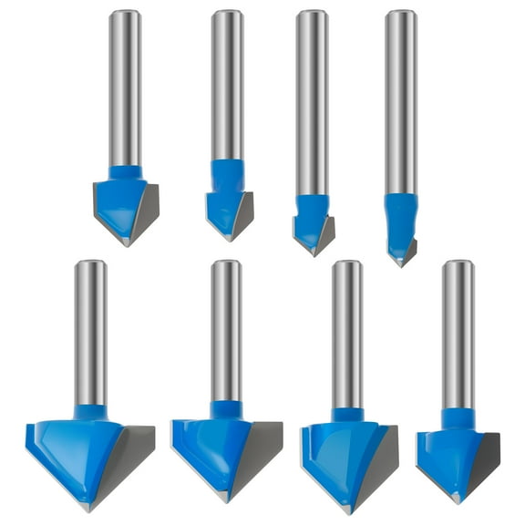 Ikoopy 8Pcs 90 Degree V Groove Router Bit Set Carbide 1/4 Inch Shank V Carve CNC Router Bit Woodworking Tool for Cutting Grooving