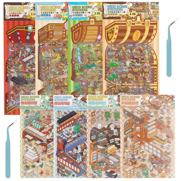 Ikoopy 8Pcs DIY 3D Miniature House Stickers Set PET Cute Cartoon Scene Stickers Kit with 2 Tweezers Make Your Own Mini Shop for Adults Kids