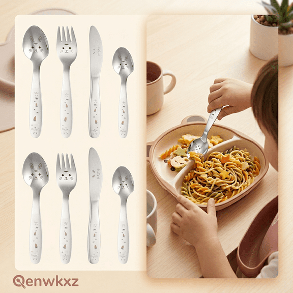 Qenwkxz 8PCS Stainless Steel Children Cutlery Set Comfortable Grip Children Tableware Set with Printing Easy to Clean for Home School White