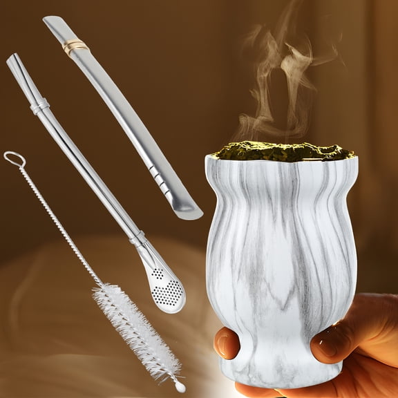 Ikoopy 8oz Yerba Mate Cup Stainless Steel Mate Tea Cup Set with Straw Brush Straw Spoon Flat Straw and Lid Insulated Yerba Mate Teacup Coffee Water Mate Cup Yerba Mate Gourd Cup for Mate Tea Coffee