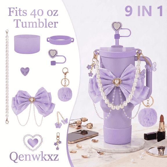 Tumbler Accessories Set Compatible with Stanley 40 oz 30 oz, 9 PCS Purple Cup Decor Kit with Silicone Boot, Bow Straw Topper, Handle Charms