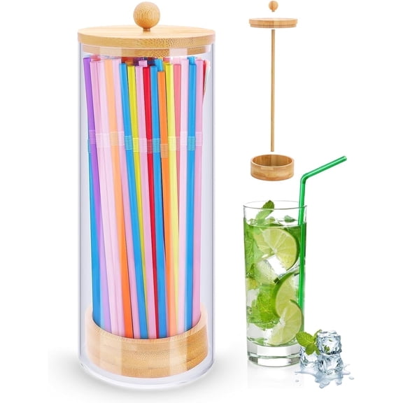 Acrylic Straw Holder for Counter, Clear Straw Dispenser with Bamboo Lid, 10-Inch Acrylic Storage Organizer for Kitchen and Coffee Bar