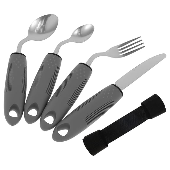Ikoopy Adaptive Utensil Set with Easy Grip Textured Handle Angled Built Up Utensil with Knife Fork Spoon for Hand Tremors Arthritis Elderly