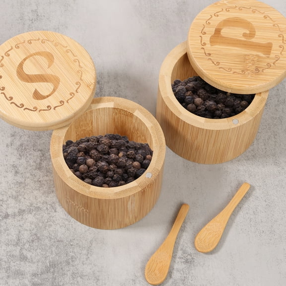 Ikoopy Bamboo Salt Cellar Set with Magnetic Lid Bamboo Salt and Pepper Bowls with Spoon Practical Salt and Spice Container Clear Marking Spice Cellar Bamboo Salt Box for Home