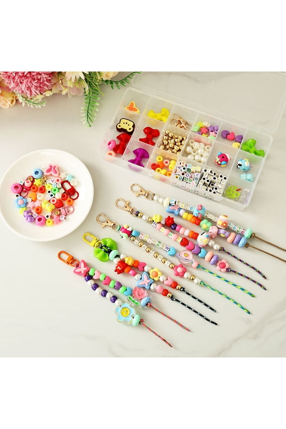 Beaded Keychain Making Kit Acrylic Bow Bear Butterfly Charm Heart Star Letter Flower Cartoon Rhombus and Flat Bead Keychain Kit with Colorful Cord for DIY Jewelry Bag Pendant