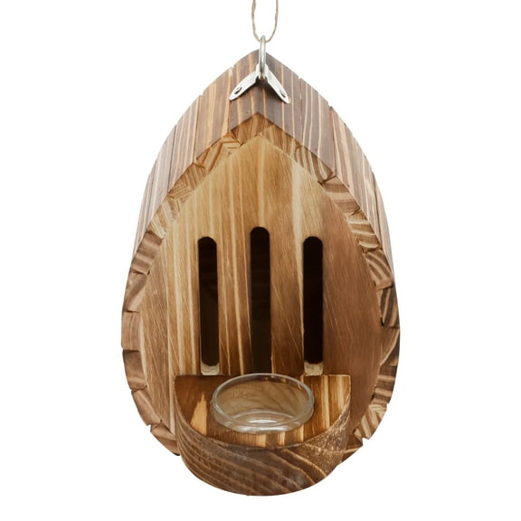 Ikoopy Bee House with Feeder Wood Bee Habitat with Rope Decorative Hanging House Multifunctional Moth Feeder for Garden Patio Balcony 5.31*7.68*3.54in Burlywood
