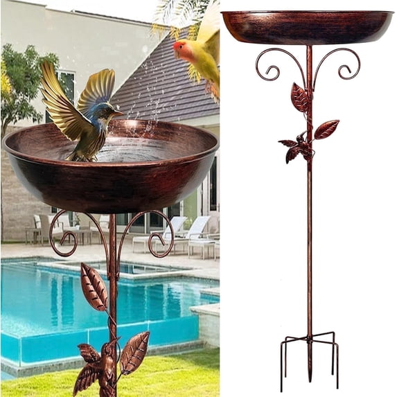 32" Metal Bird Bath for Outdoors, Sturdy Iron Birdbath with Pronged Stake, Vintage Standing Feeder Bowl for Garden Lawn, 1 Pc