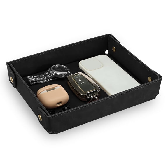 Ikoopy Black Rectangle PU Leather Valet Tray Practical Desktop Catchall Storage Organizer Portable Table Organizer Tray for Storing Key TV Remote Wallet Phone