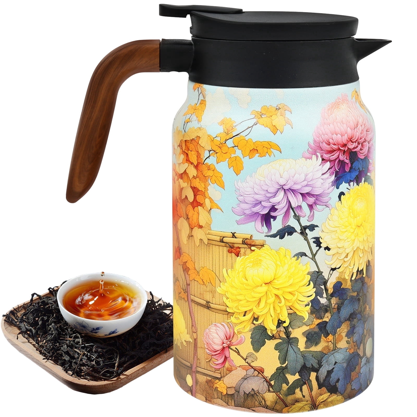 Qenwkxz 50.73 oz Insulated Teapot, Blue Vintage Floral Pattern Tea Pot with Infuser, Stainless Steel Thermal Teapot with Lid, Wooden Handle Thermal Carafe for Hot Drinks Coffee