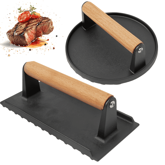 Qenwkxz 2PCS Burger Press Set Solid Easy to Use Round Smash Burger Press Set Versatile Large Rectangle Cast Iron Grill Kit for Beef Pork Black