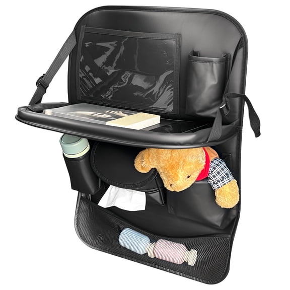 Ikoopy Car Backseat Organizer with Folding Table Artificial Leather Automotive Seat Back Protector and Storage with 8 Compartment for Travel Car