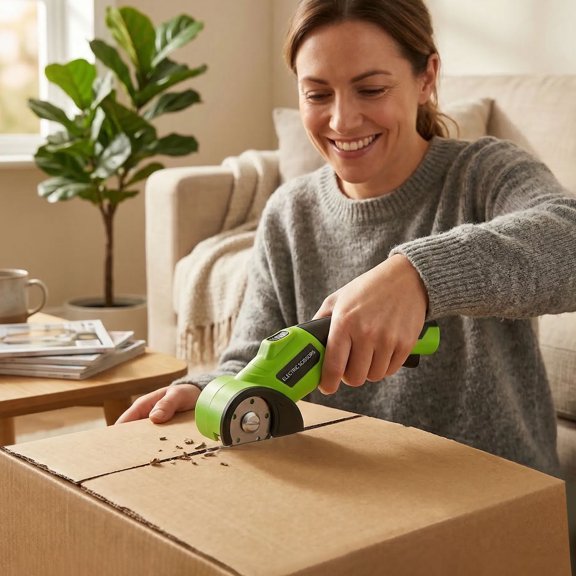 Ikoopy Cardboard Cutter Rechargeable Cordless Electric Scissors 4.2V Electric Box Cutter for Cardboard Safety Lock and LED Light Powerful Cutting for Carton Carpet Plastic Fabric Leather