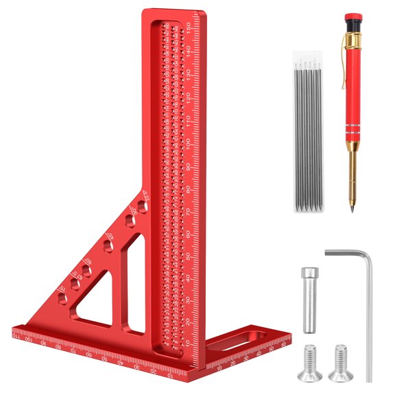 Ikoopy Carpenter Square Aluminum Alloy 3D Multi Angle Measuring Ruler with Carpenter Pen and Refills for Woodworking Decoration Engineering