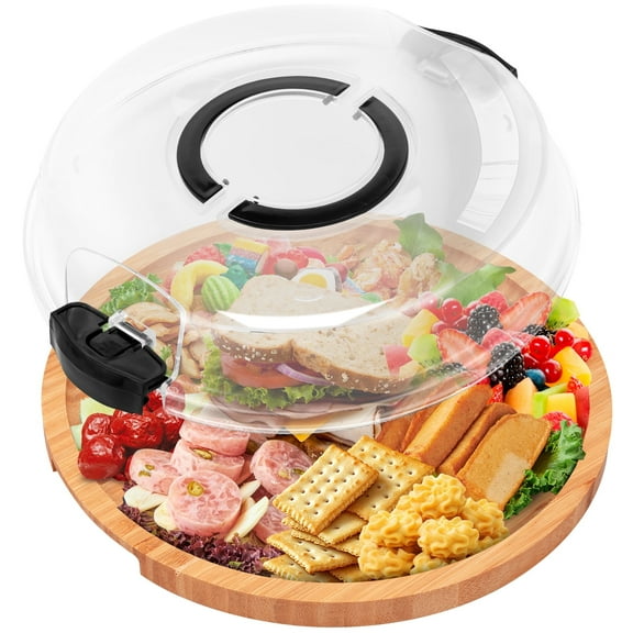 Ikoopy Cheese Board Covered Fruits Platter Serving Tray Round Charcuterie Board with Lid Large Capacity Divided Design for Party Picnic Camping