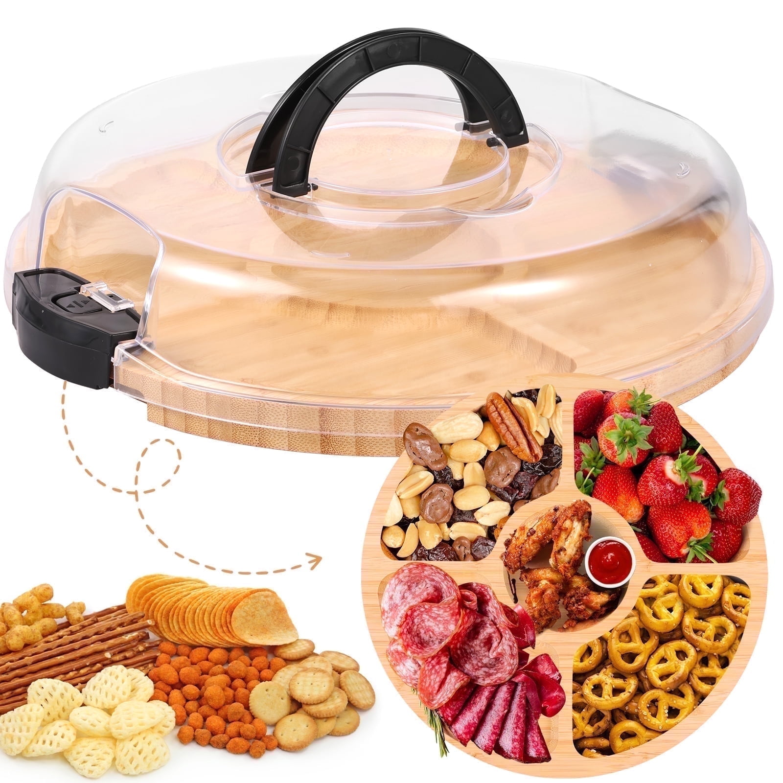 Ihvewuo Cheese Board Covered Fruits Platter Serving Tray Round Charcuterie Board with Lid Large Capacity Divided Design for Party Picnic Camping