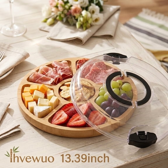 Divided Serving Tray with Lid – Portable Bamboo Charcuterie Platter for Outdoor Picnic, Camping, and Parties, Large Capacity Food Storage Organizer