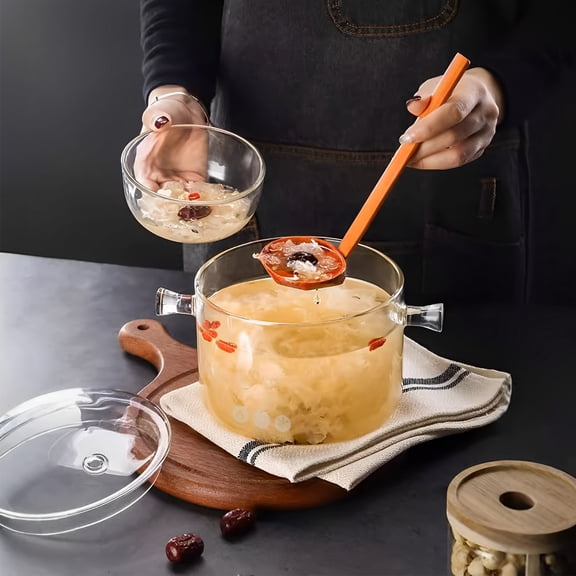 Ikoopy Clear Cooking Pot with Lid and Brush 1500ml Glass Simmer Pot Borosilicate Glass Clear Cookware Nonstick Easy to Clean for Pasta Noodle Soup Milk