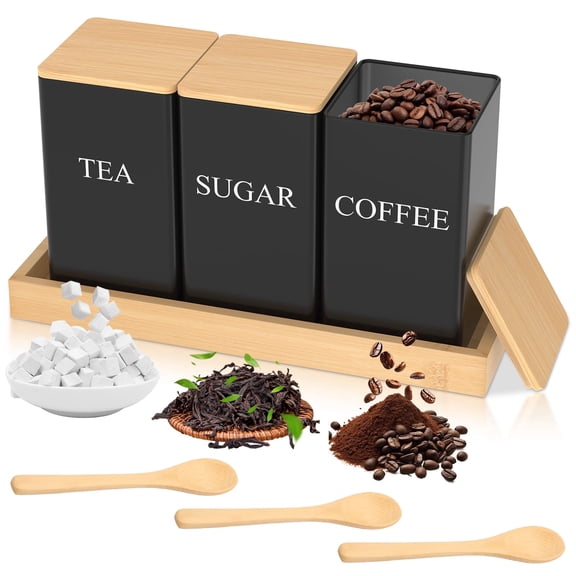 Airtight Coffee Tea Sugar Canister Set with Bamboo Tray Lids and Spoons Square Metal Containers for Drink Station Organizer Black 3 Pack
