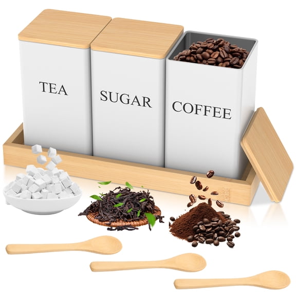 Ikoopy Coffee Tea Sugar Caddy Set with Lid and Spoon Set of 3 Metal Moisture Proof Sealed Jar with Tray for Kitchen Countertop Cabinet Shelves