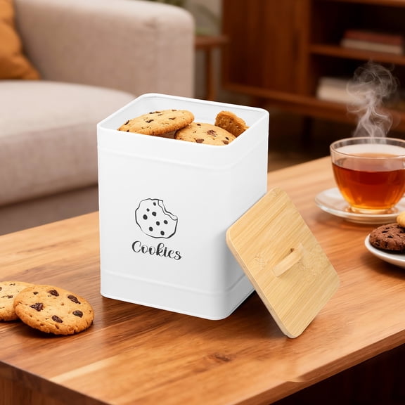 Ikoopy Cookie Jar with Bamboo Lid and Handle Large Capacity Cookie Storage Tin for Biscuit Candy Pastry Nut Airtight Container for Kitchen Baking and Food Preservation