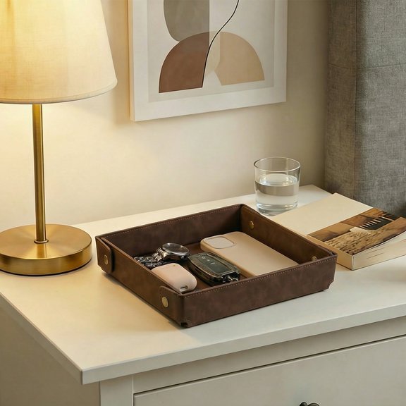 Ikoopy Dark Brown Rectangle PU Leather Valet Tray Practical Desktop Catchall Storage Organizer Portable Table Organizer Tray for Storing Key TV Remote Wallet Phone