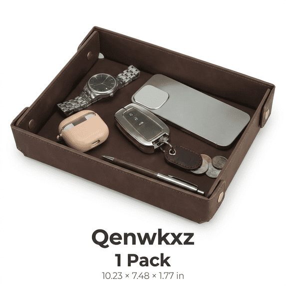 Valet Tray Catchall Tray for Men, 10.23"x 7.48"x 1.77" PU Leather Organizer for Nightstand, Entryway or Desk, Keys, Wallet, Watch, Dark Brown
