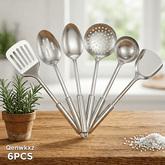 6pcs Stainless Steel Cooking Utensils Set, Heat Resistant Wok Utensils Set with Hollow Handle, Metal Spatula Spoon Set for Home Kitchen Cooking, Silver