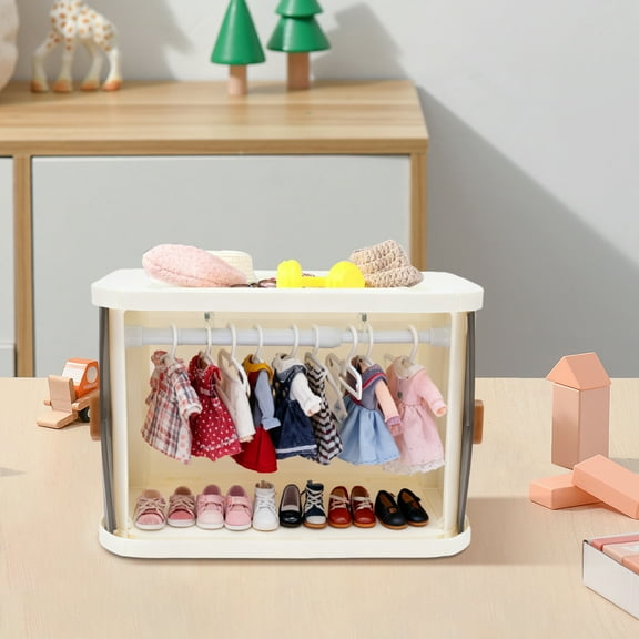 Ikoopy Doll Clothes Closet Stable Foldable Doll Closet with 10 Hangers 2 Hooks and 1 Telescopic Rod for Under Bed Cabinet Crevice Drawer