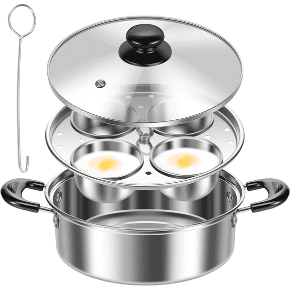 Ihvewuo Egg Poacher Stainless Steel Poached Egg Maker Pot Egg Poaching Pan with 4 Cups Poached Egg Cooker Pot Multipurpose Stovetop Egg Poacher Pot for Induction Cooktop Gas Cooktop 8.66X7.87X2.68in