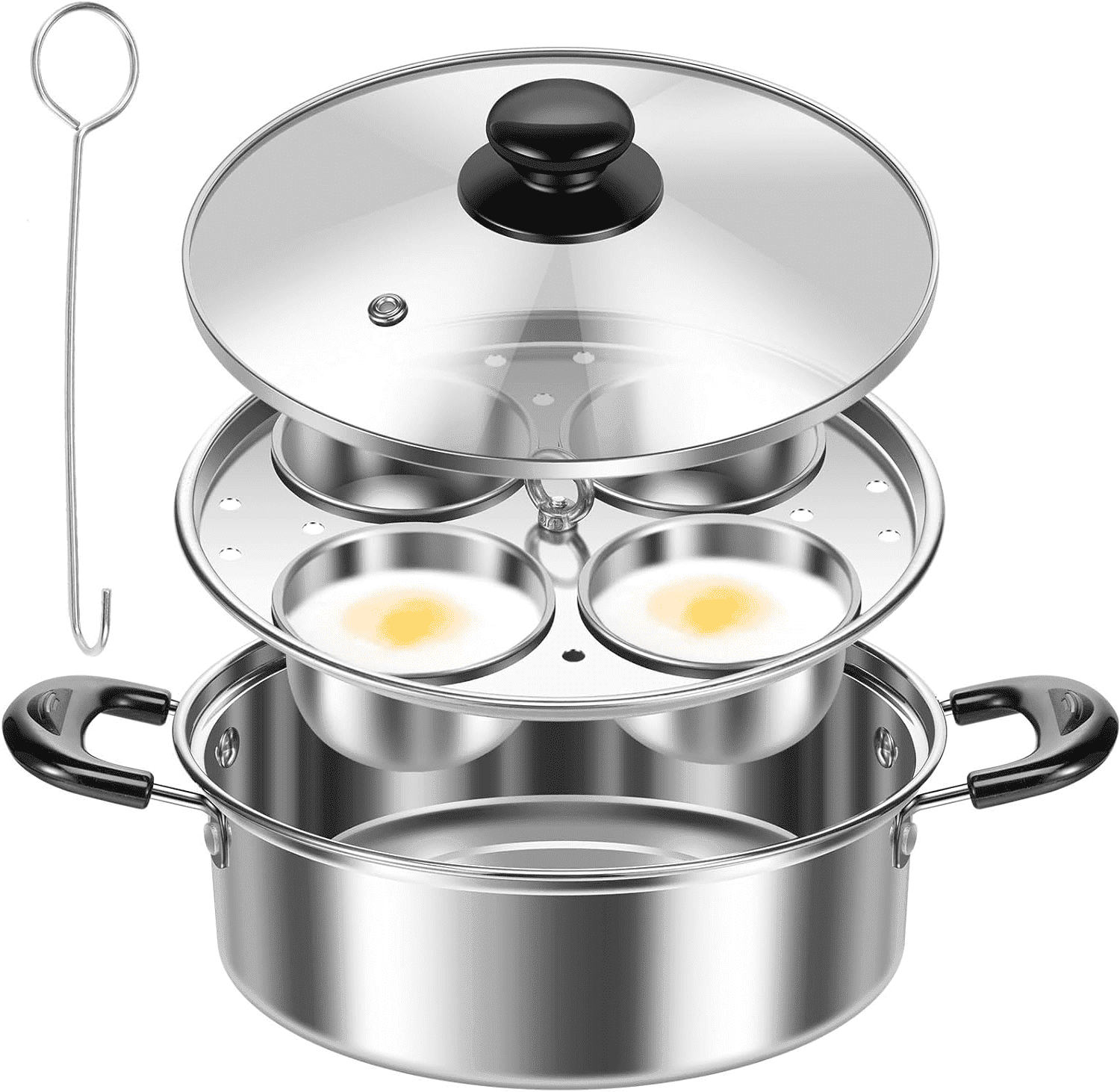 Ihvewuo Egg Poacher Cookware, Stainless Steel Poached Egg Maker Pot, Egg Poaching Pan with 4 Cups, Poached Egg Cooker Pot for Induction Cooktop Gas Cooktop 8.66x7.87x2.68in