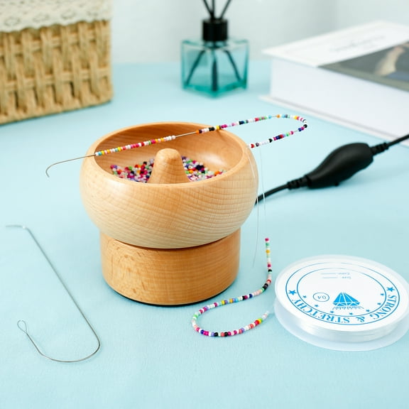 Ikoopy Electric Wooden Bead Spinner USB Powered Spin Beading Bowl Kit Adjustable Speed and Direction Spin Bead Loader with 2 Beading Needles 2000 Beads for Bracelets Jewelry Making