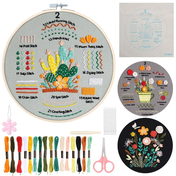 Ikoopy Embroidery Kit for Beginner and Adult with Video Tutorial DIY Starter Kit with 3 Stamped Pattern Hoop Thread Needle and Instruction