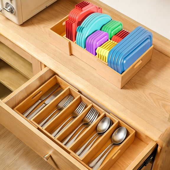 Ikoopy Expandable Lid Organizers Expandable from 30cm to 49cm Bamboo Kitchen Cabinet Organizers with 3 Adjustable Dividers Storage Food Container Lid Holder Multipurpose for Drawer Pantry