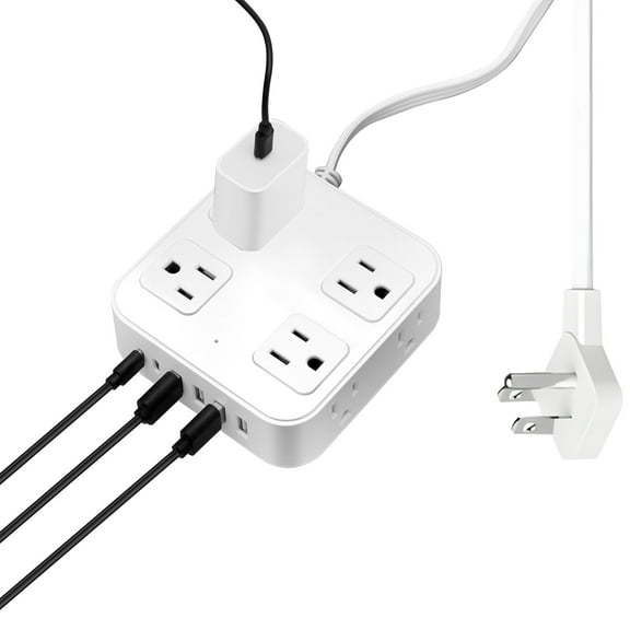 Ikoopy Flat Plug Power Bar With 3 USB Port Versatile Space Efficient Surge Protector Power Strip for Office Supply Dorm Room Essential